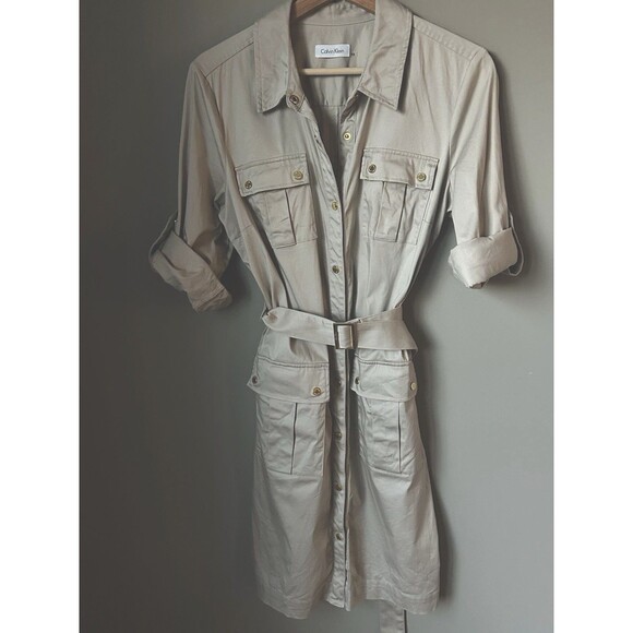 Calvin Klein Dresses & Skirts - Calvin Klein Kaki Belted Career Dress Midi Coquette Safari With Roll Tab Sleeves